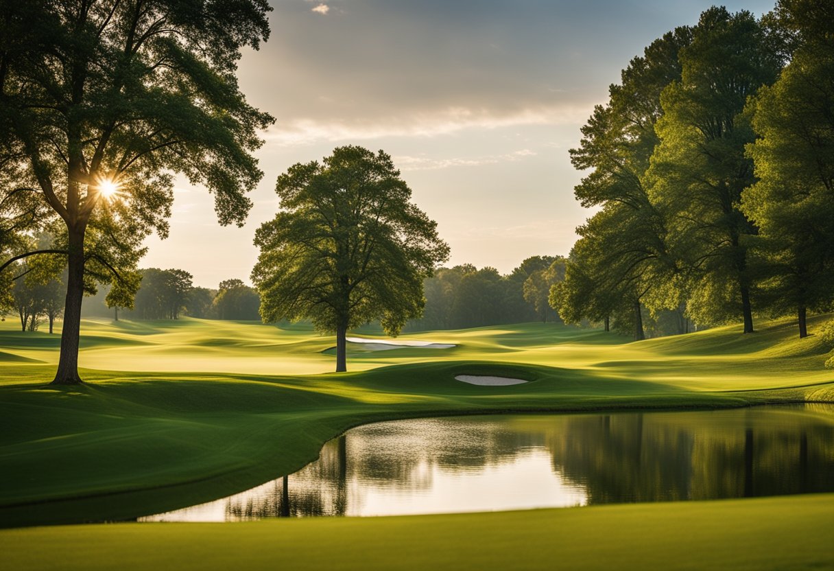 Lush green fairways lined with trees, rolling hills, and sparkling water hazards at affordable golf courses near Whitewater, WI