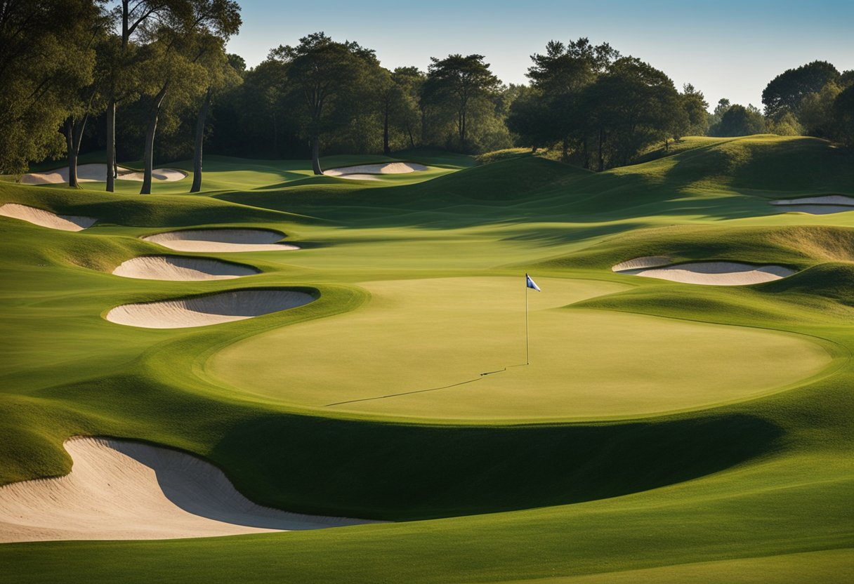 A rolling green golf course with bunkers, fairways, and water hazards under a clear blue sky