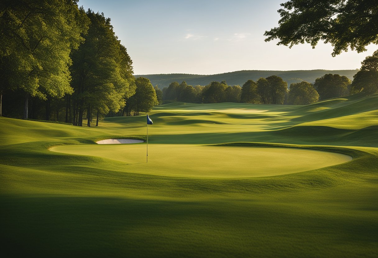 A serene golf course nestled in the rolling hills of Whitewater, Wisconsin, with lush green fairways and a backdrop of scenic countryside