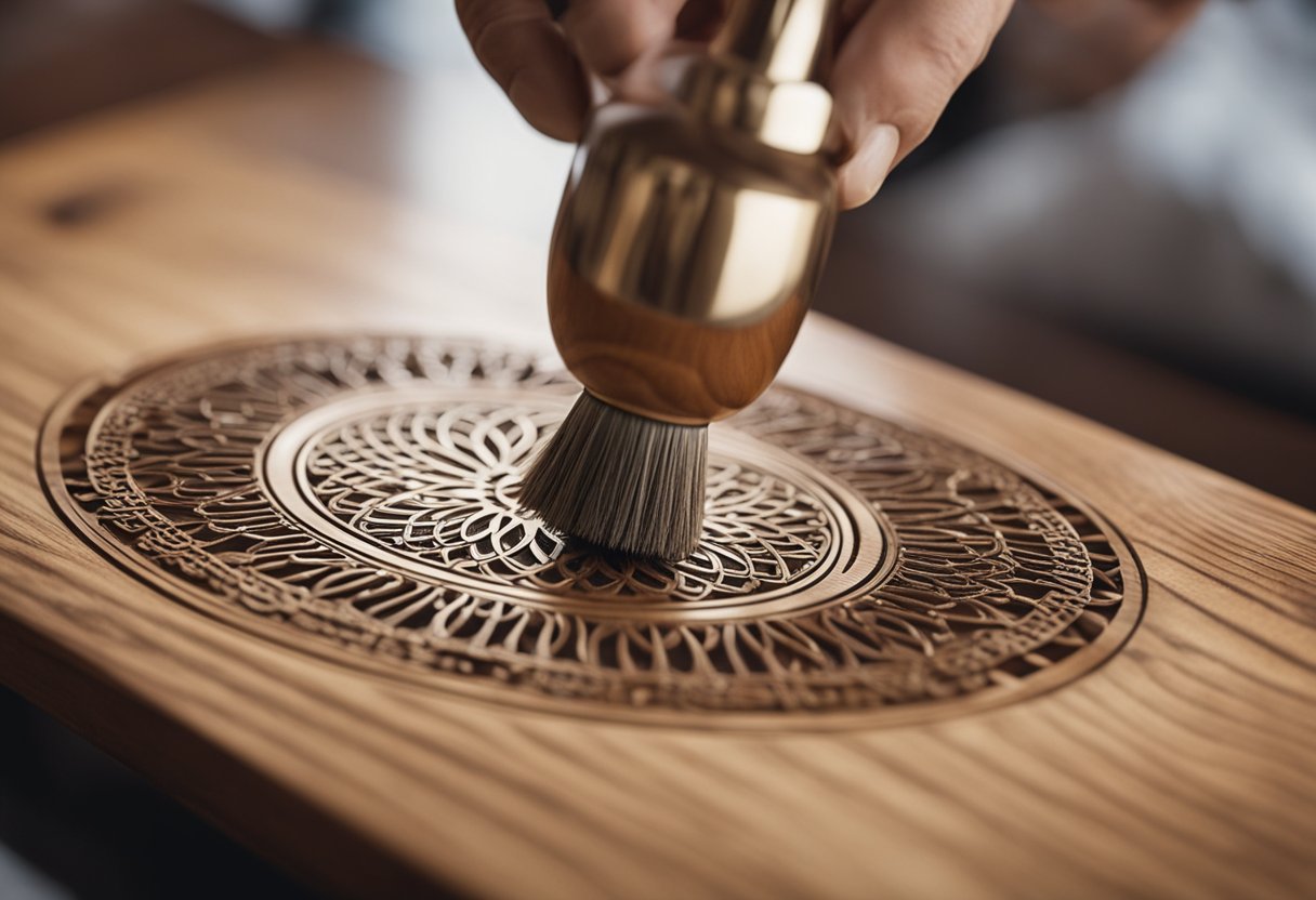 Wooden plaque with intricate laser-engraved design being gently wiped with a soft cloth and a mild wood cleaner, with a small brush used to remove debris from the engraved areas