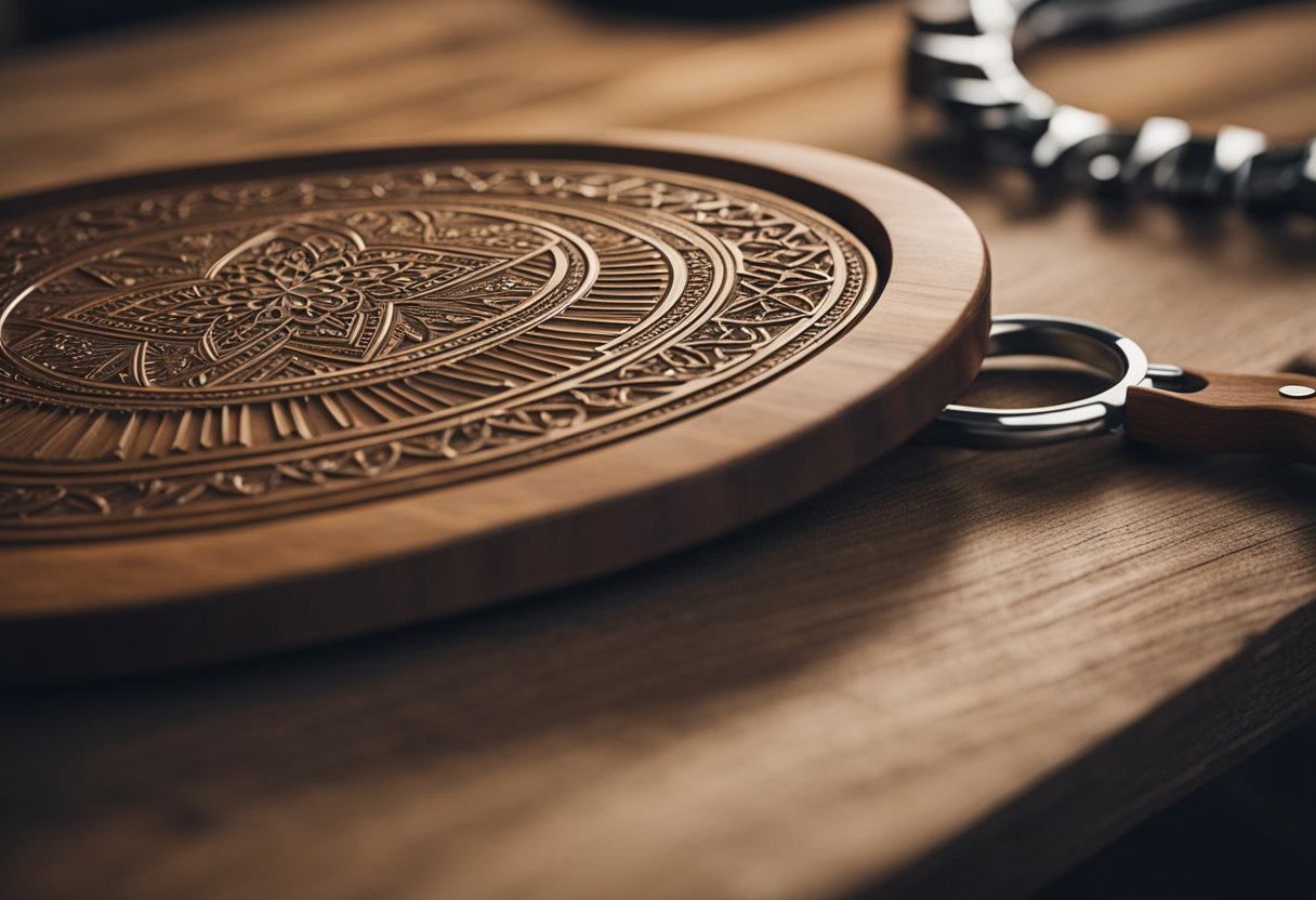 A wooden plaque sits on a workbench, freshly engraved with intricate patterns. A cloth and wood polish are nearby, ready for the final cleaning and finishing touches