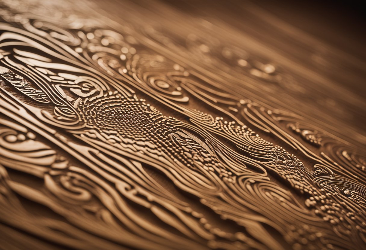 A wooden surface with laser-engraved designs being gently wiped clean with a soft cloth