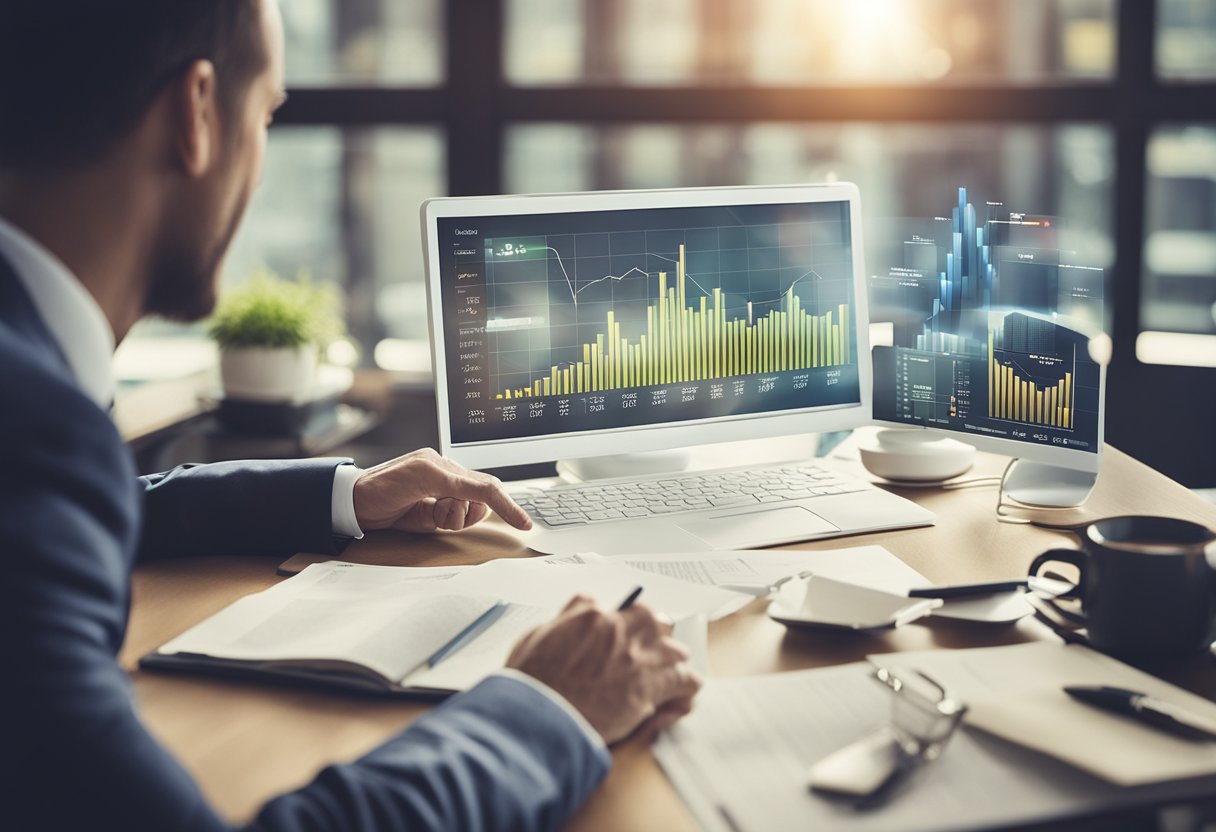 An investor studying a real estate market graph, with a prominent 30% mark highlighted