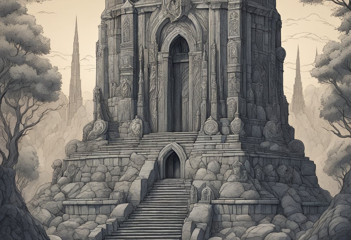 A towering stone monument, adorned with intricate carvings and surrounded by flickering torches, stands as a solemn tribute to the legendary figure known as gothmog