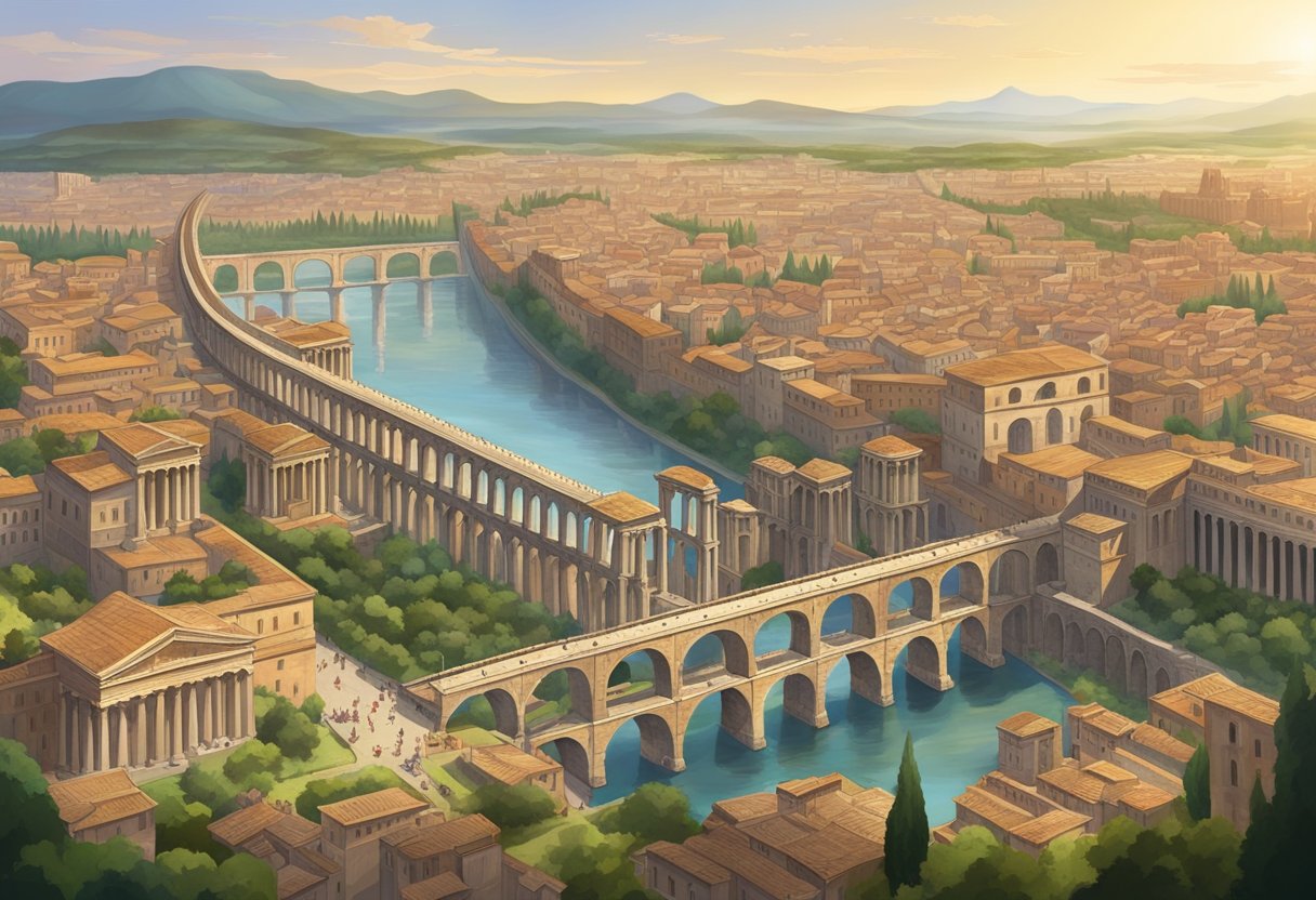 A grand Roman aqueduct towering over a bustling city, with temples, amphitheaters, and advanced infrastructure showcasing the empire's cultural and technological achievements