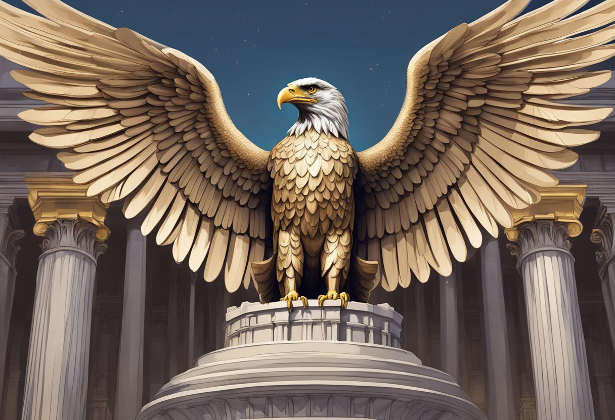 A grand, imposing Roman eagle statue stands before a backdrop of majestic architecture and symbols of power and authority