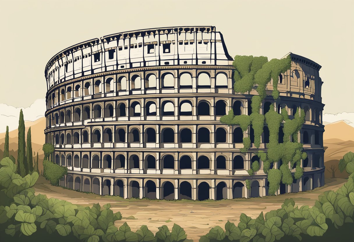 A crumbling Roman colosseum with overgrown vines and a faded imperial eagle emblem