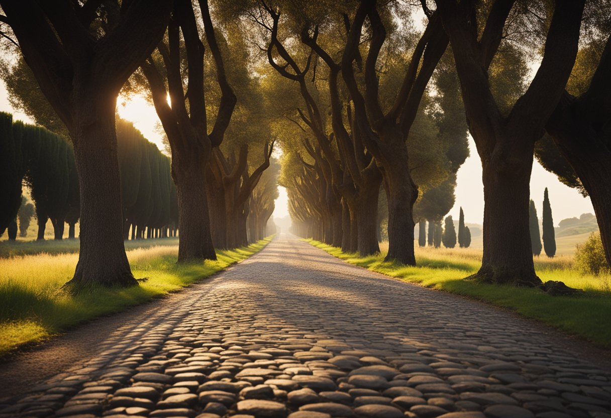 The ancient cobblestone road of the Appian Way stretches through the picturesque countryside of Rome, flanked by tall cypress trees and rolling hills