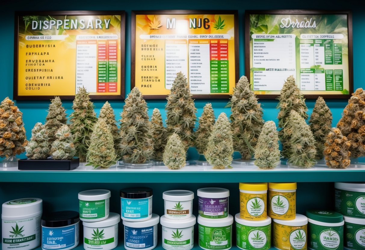 A colorful array of cannabis strains and products arranged on a dispensary menu board