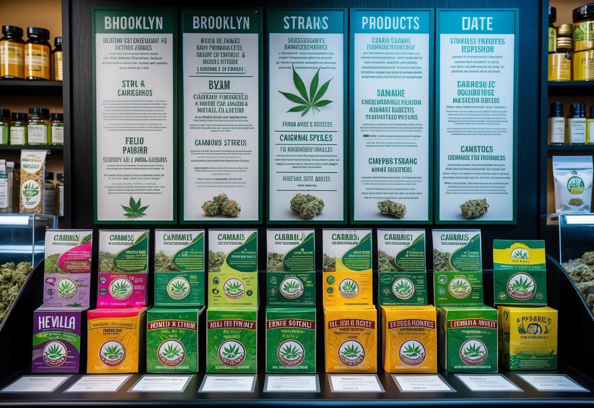 A colorful array of cannabis strains and products displayed on a Brooklyn dispensary menu, with detailed descriptions and information for each item