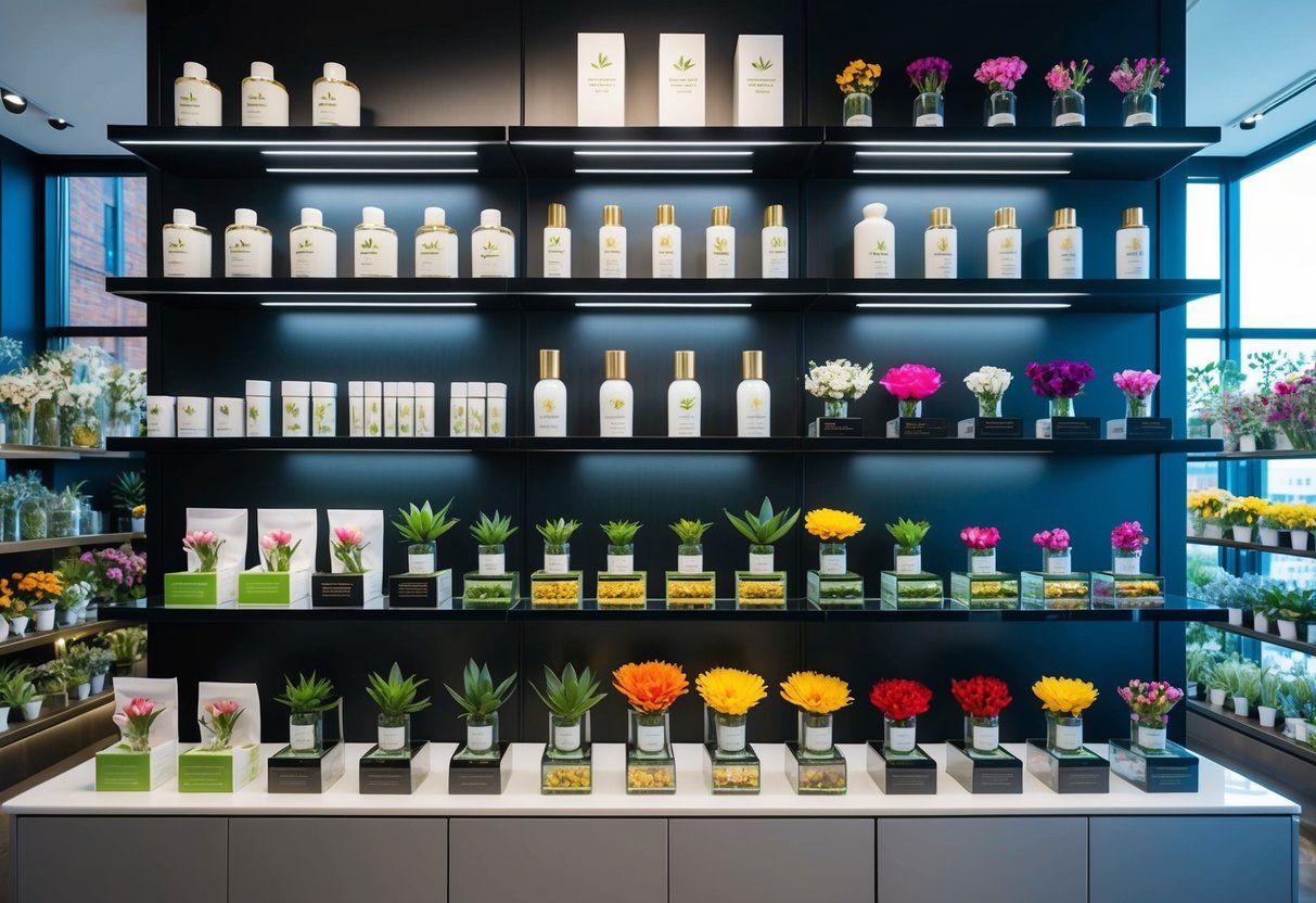 A display of various flower products arranged on shelves in a modern Brooklyn dispensary