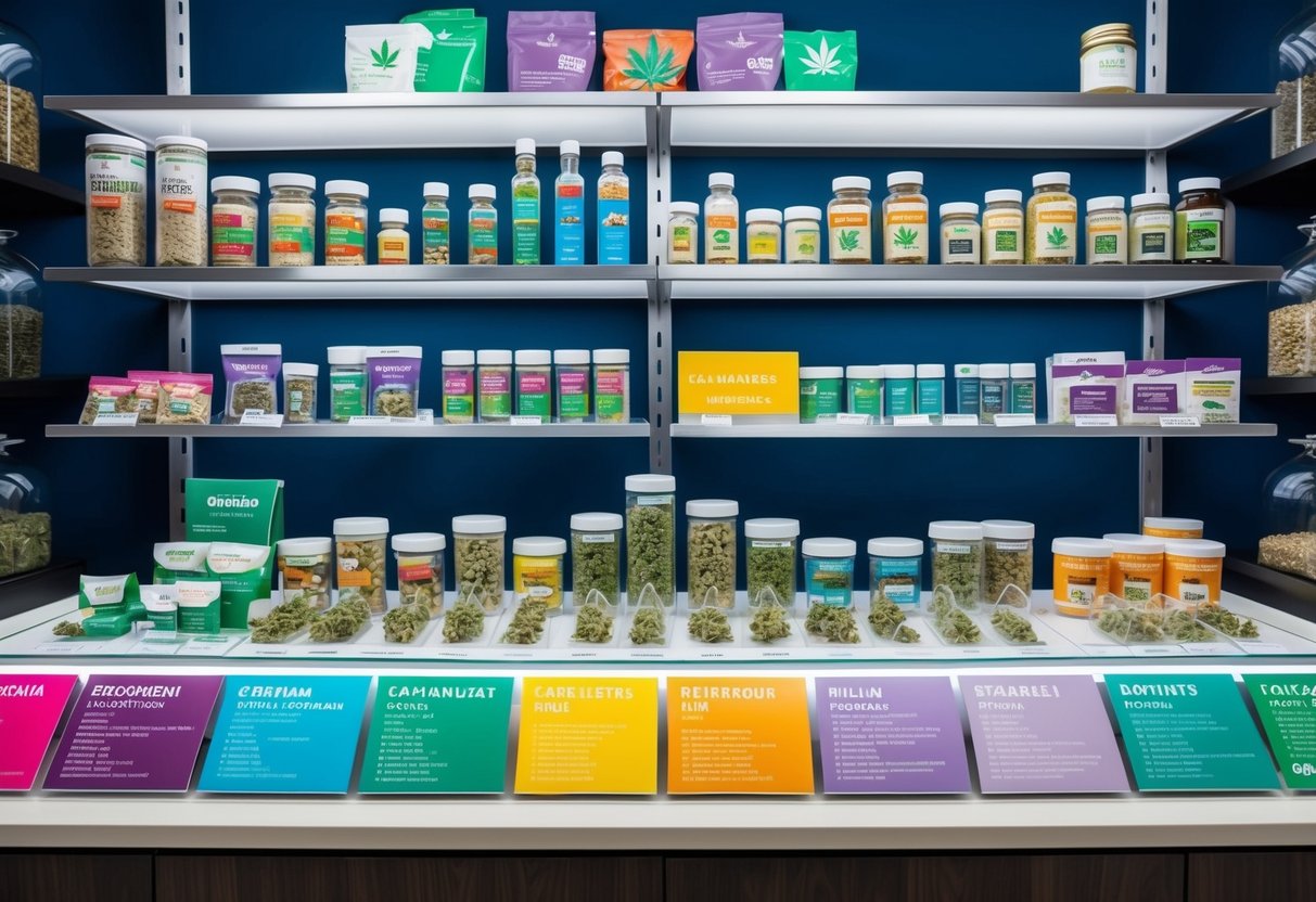 A colorful display of various cannabis strains and edible products arranged on shelves in a modern Brooklyn dispensary, with dosage information and selection breakdown