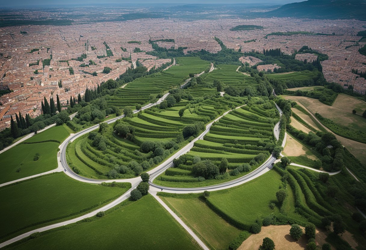 The Appian Way winding through modern urban development, with protected areas and green spaces interspersed along the ancient road