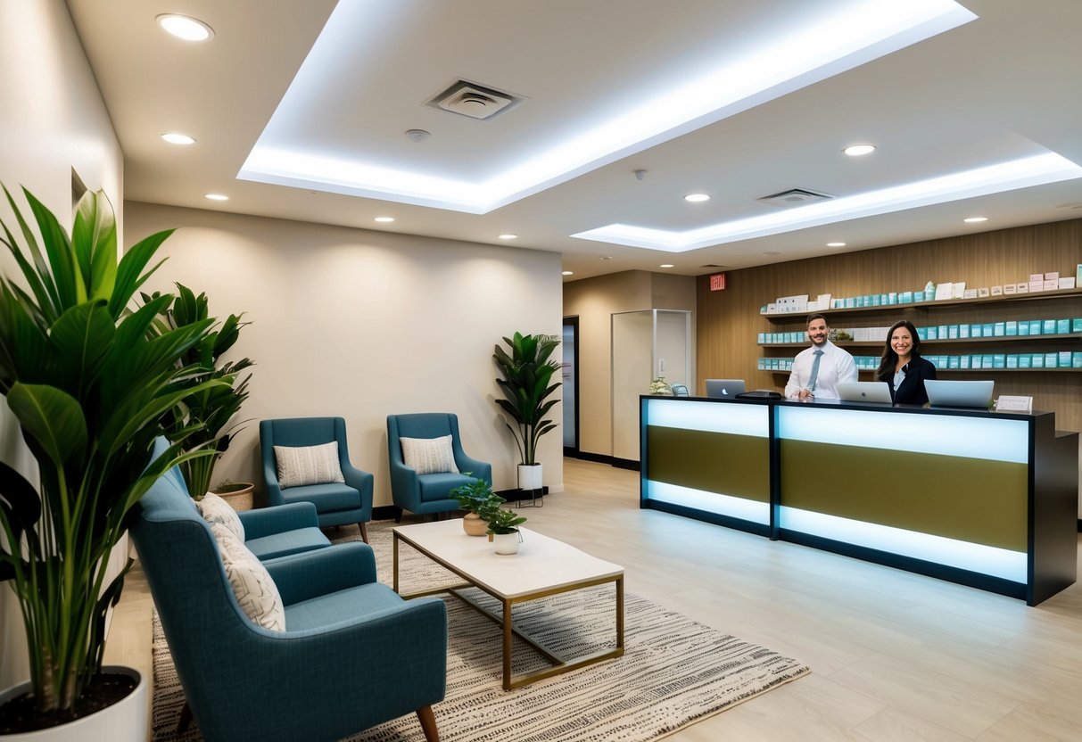 A peaceful waiting area with comfortable chairs, plants, and soft lighting. A receptionist desk with friendly staff. Clean and organized shelves of products