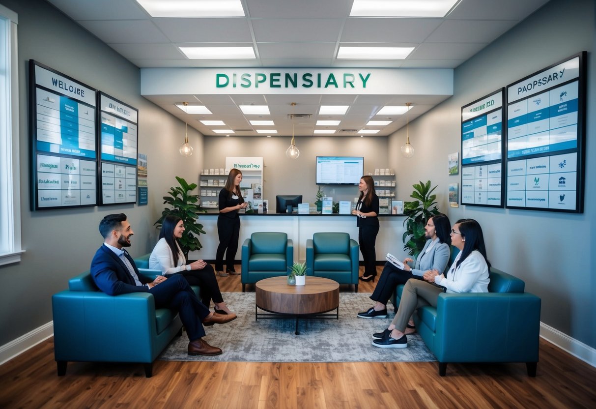 A welcoming and organized dispensary with clear signage, comfortable seating, and friendly staff assisting customers with professionalism and respect