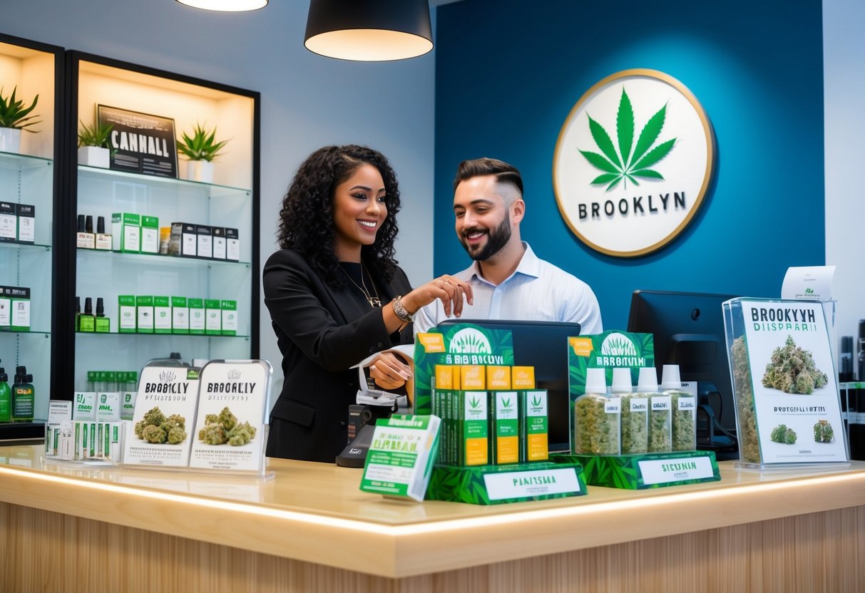 The Brooklyn dispensary is clean and modern, with a welcoming reception area and a display of various cannabis products. A knowledgeable staff member assists a customer with a friendly smile
