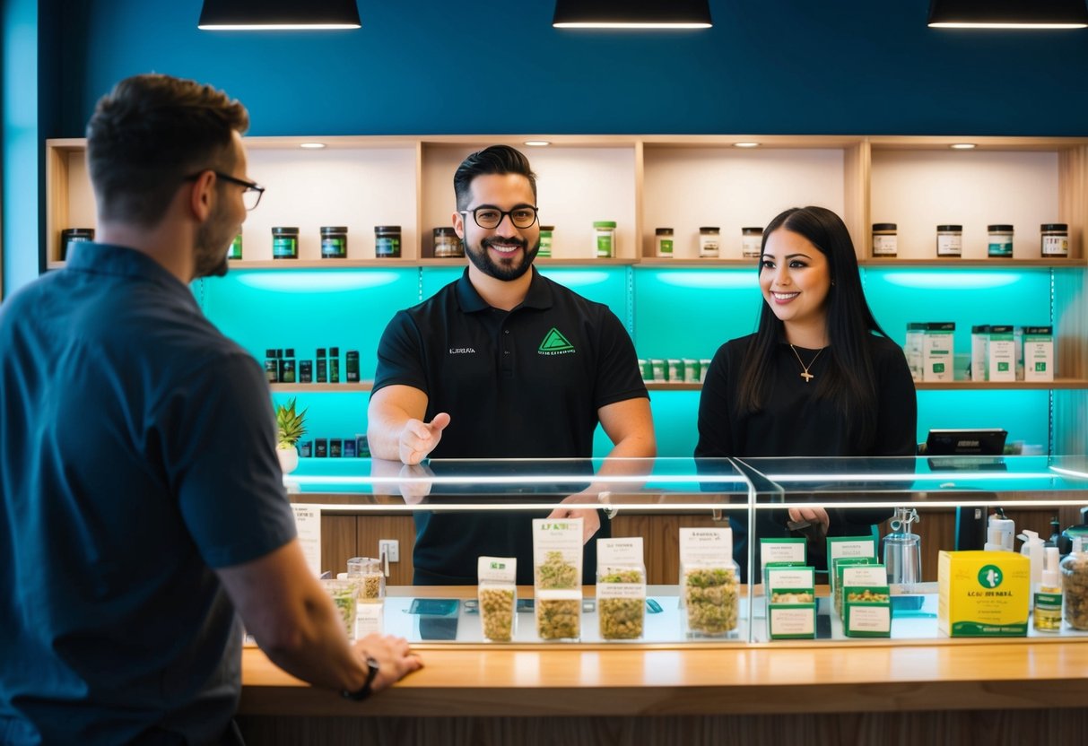 A customer approaches a well-lit dispensary counter, where a friendly budtender offers assistance with a smile. Various cannabis products are neatly displayed behind the counter