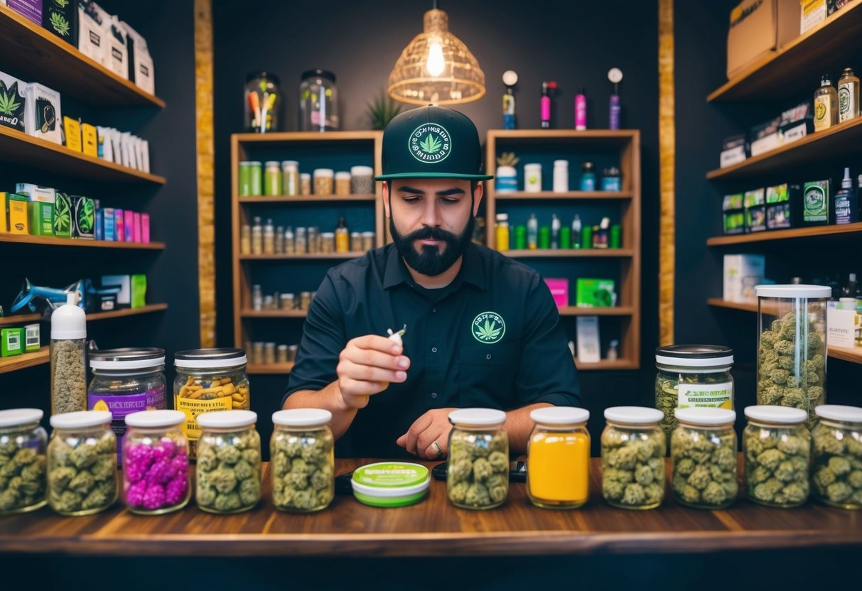 A Brooklyn budtender offers advice on cannabis products in a cozy, dimly lit dispensary, surrounded by jars of colorful, fragrant buds and shelves of various smoking and vaping accessories