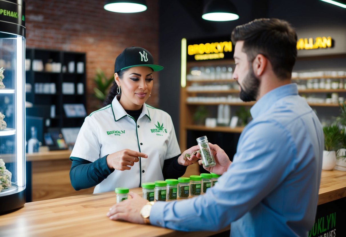 A Brooklyn budtender expertly explains cannabis products to a customer in a modern dispensary setting