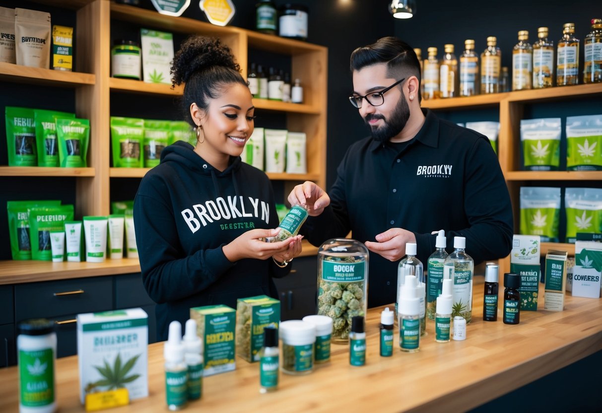 A budtender in a Brooklyn dispensary assists a customer, showcasing various cannabis products and offering expert advice on consumption