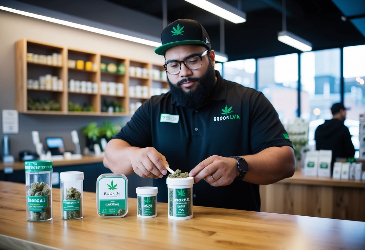 A Brooklyn budtender expertly recommends cannabis products in a modern dispensary setting