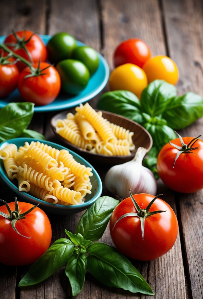 A colorful array of fresh ingredients - tomatoes, basil, garlic, and pasta - laid out on a rustic wooden table