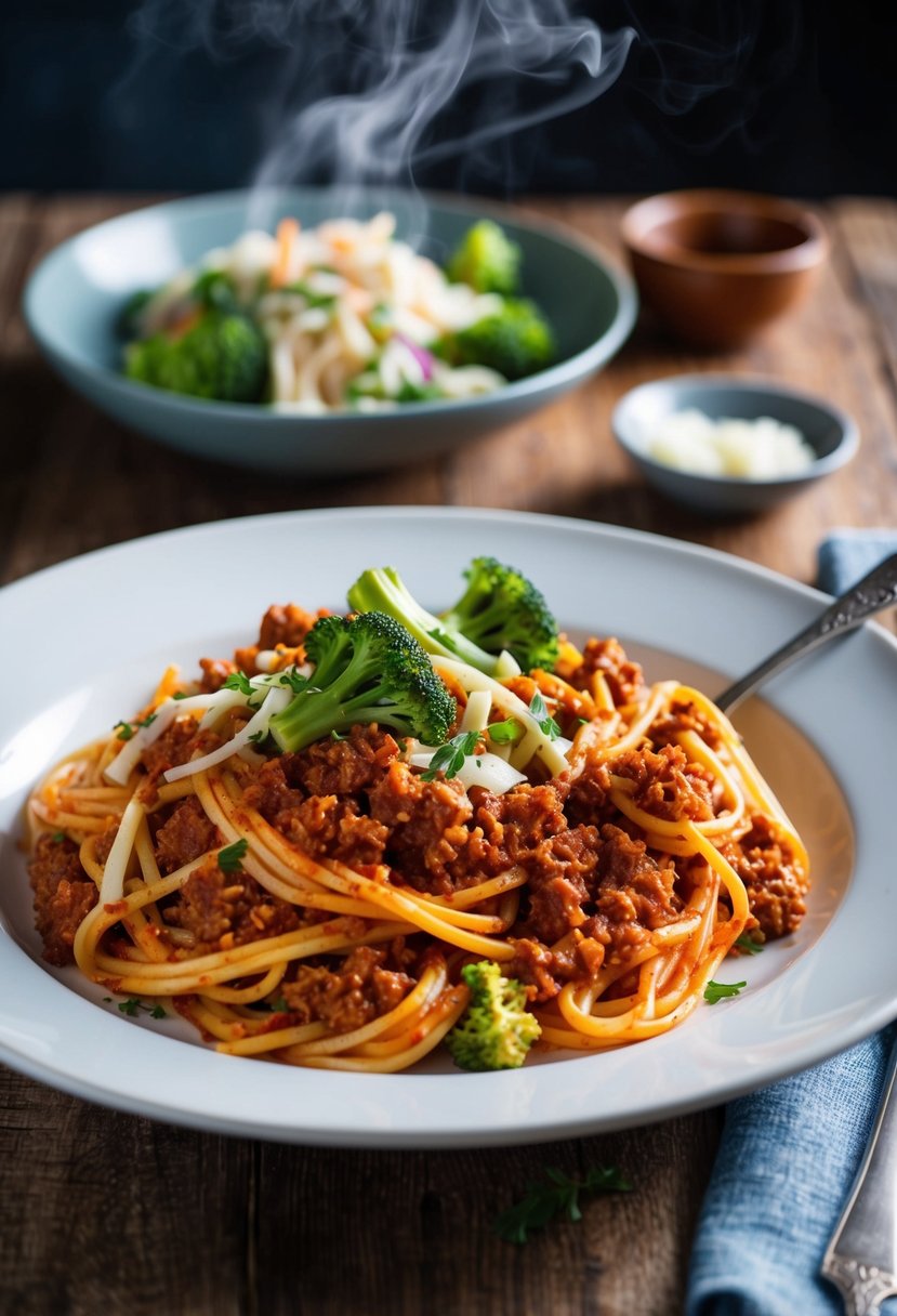A steaming plate of bolognese pasta with vibrant broccoli slaw on a rustic dinner table