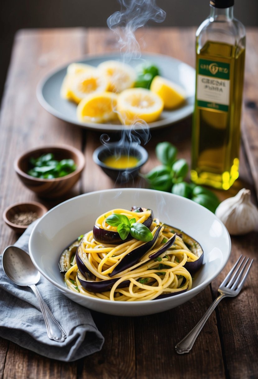 A steaming bowl of Grecian-style eggplant pasta sits on a rustic wooden table, surrounded by fresh ingredients and a bottle of olive oil