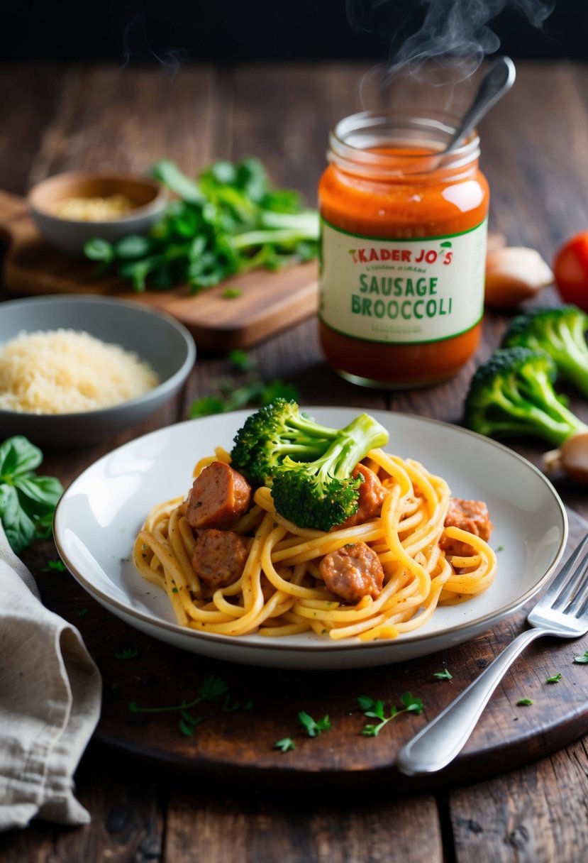 A steaming plate of sausage and baby broccoli pasta sits on a rustic wooden table, surrounded by fresh ingredients and a jar of Trader Joe's pasta sauce