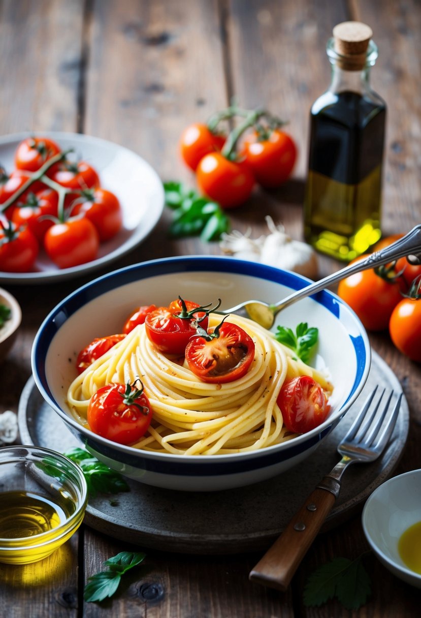 A steaming bowl of Boursin pasta adorned with roasted tomatoes sits on a rustic wooden table, surrounded by fresh ingredients and a bottle of olive oil