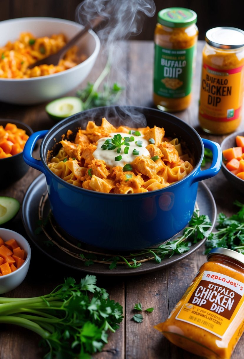 A steaming pot of buffalo chicken dip pasta sits on a rustic dinner table, surrounded by fresh ingredients and Trader Joe's products