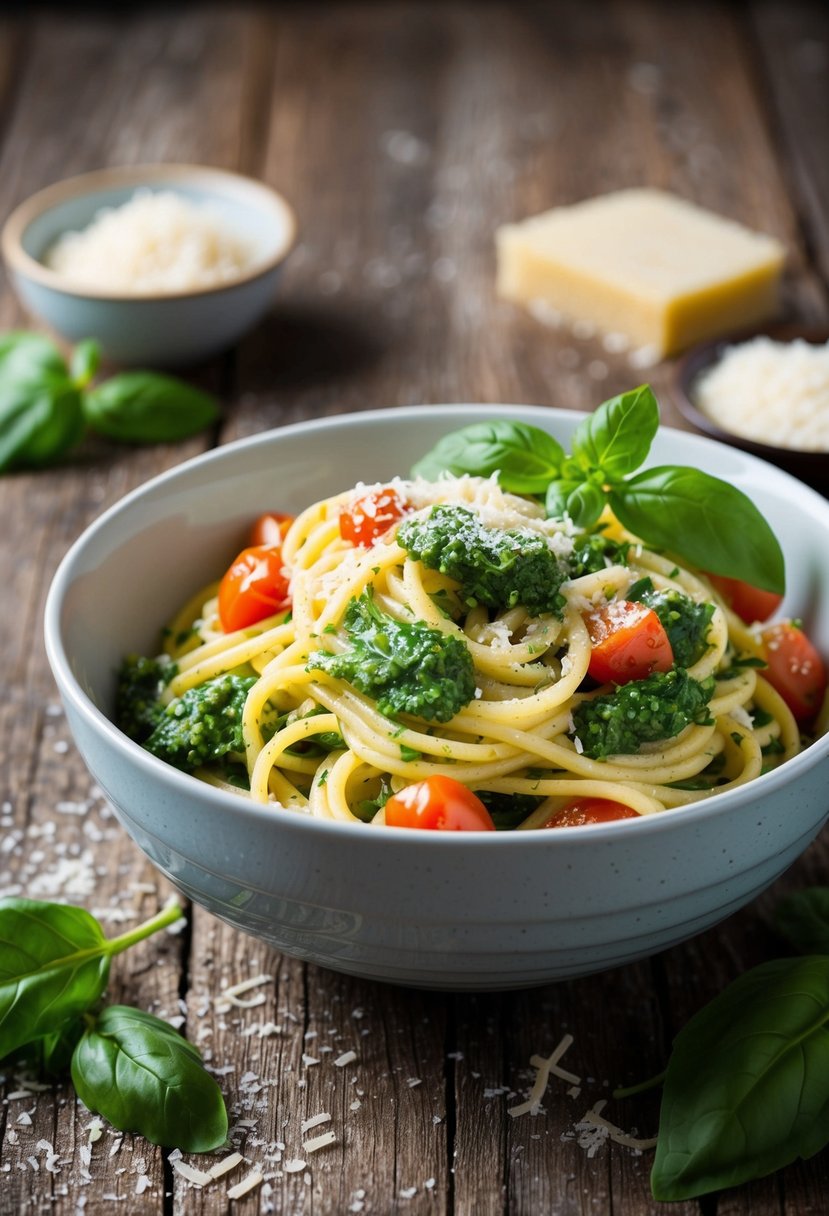 A bowl of pasta with spinach and tomato pesto sits on a rustic wooden table, garnished with fresh basil and sprinkled with parmesan cheese