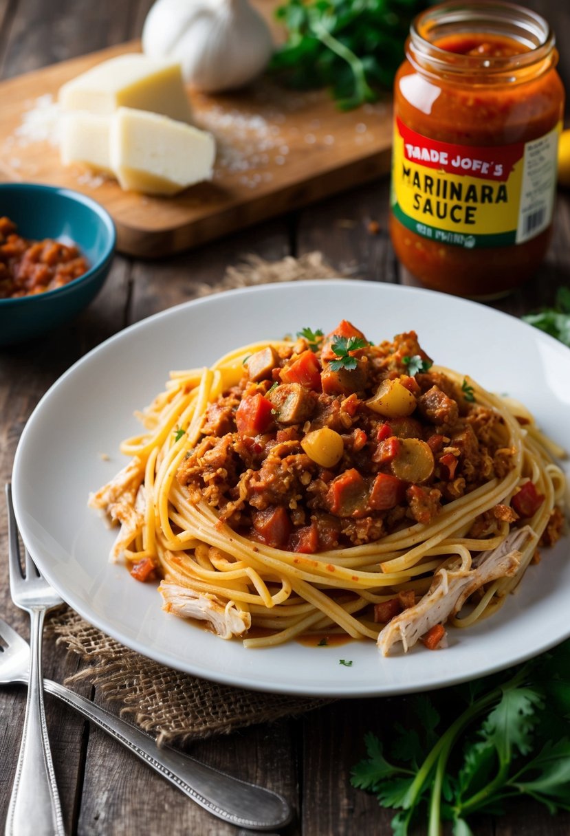 A steaming plate of turkey meat sauce pasta sits on a rustic wooden table, surrounded by fresh ingredients and a jar of Trader Joe's marinara sauce