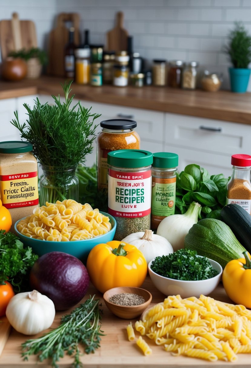 A colorful array of fresh produce, pasta, herbs, and spices arranged on a kitchen counter, ready to be used in delicious Trader Joe's recipes for dinner