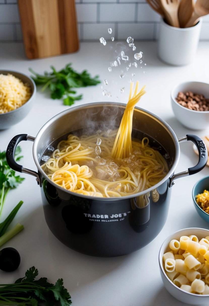 A pot of boiling water with Trader Joe's pasta cooking inside, surrounded by fresh ingredients and cooking utensils on a clean kitchen counter