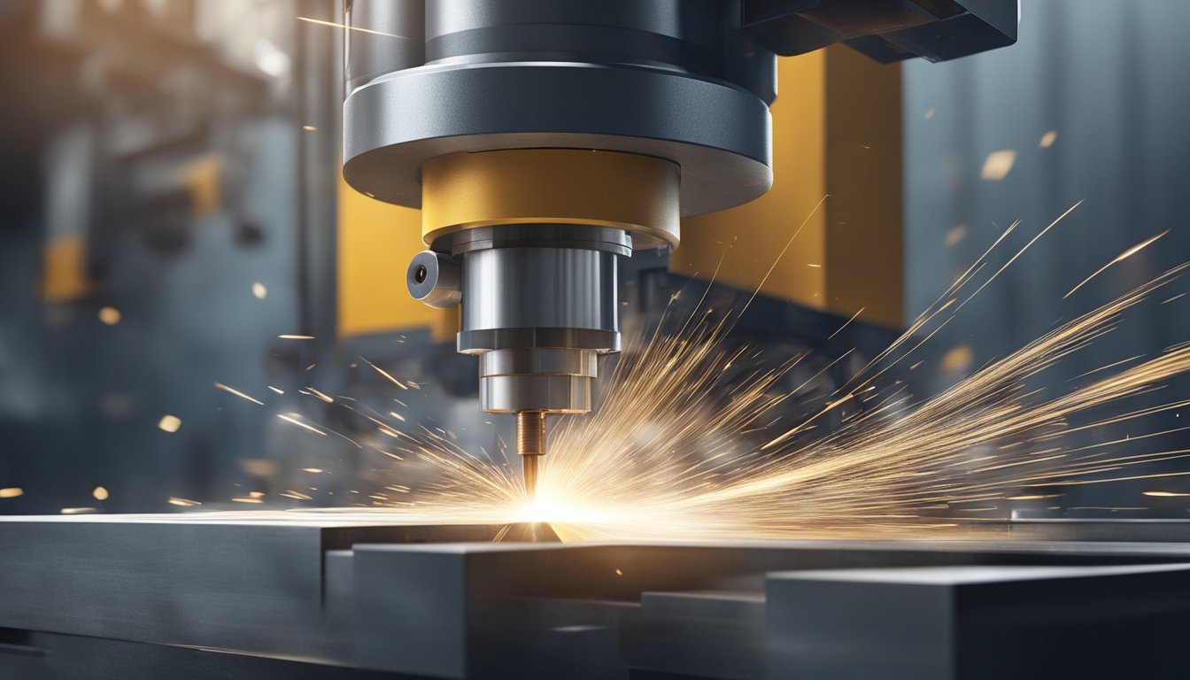 A high-speed milling machine cutting through metal with precision. Sparks fly as the machine rapidly shapes the material into a specific design