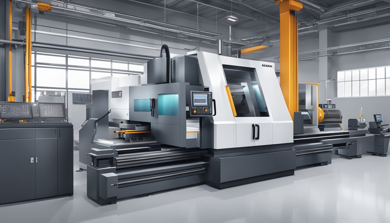 What Is CNC Lathe Machine: A Complete Guide to Modern Machining Technology 9 A modern CNC lathe machine in a high-tech manufacturing facility, with precision cutting tools and intricate metal components being shaped with advanced technology