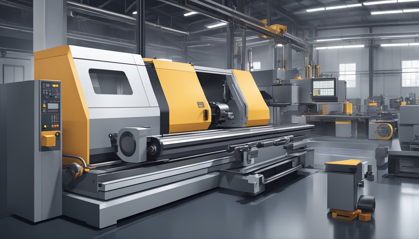 What Is CNC Lathe Machine: A Complete Guide to Modern Machining Technology 10 A CNC lathe machine in a modern industrial setting, with metal components being precision machined with robotic arms and cutting tools