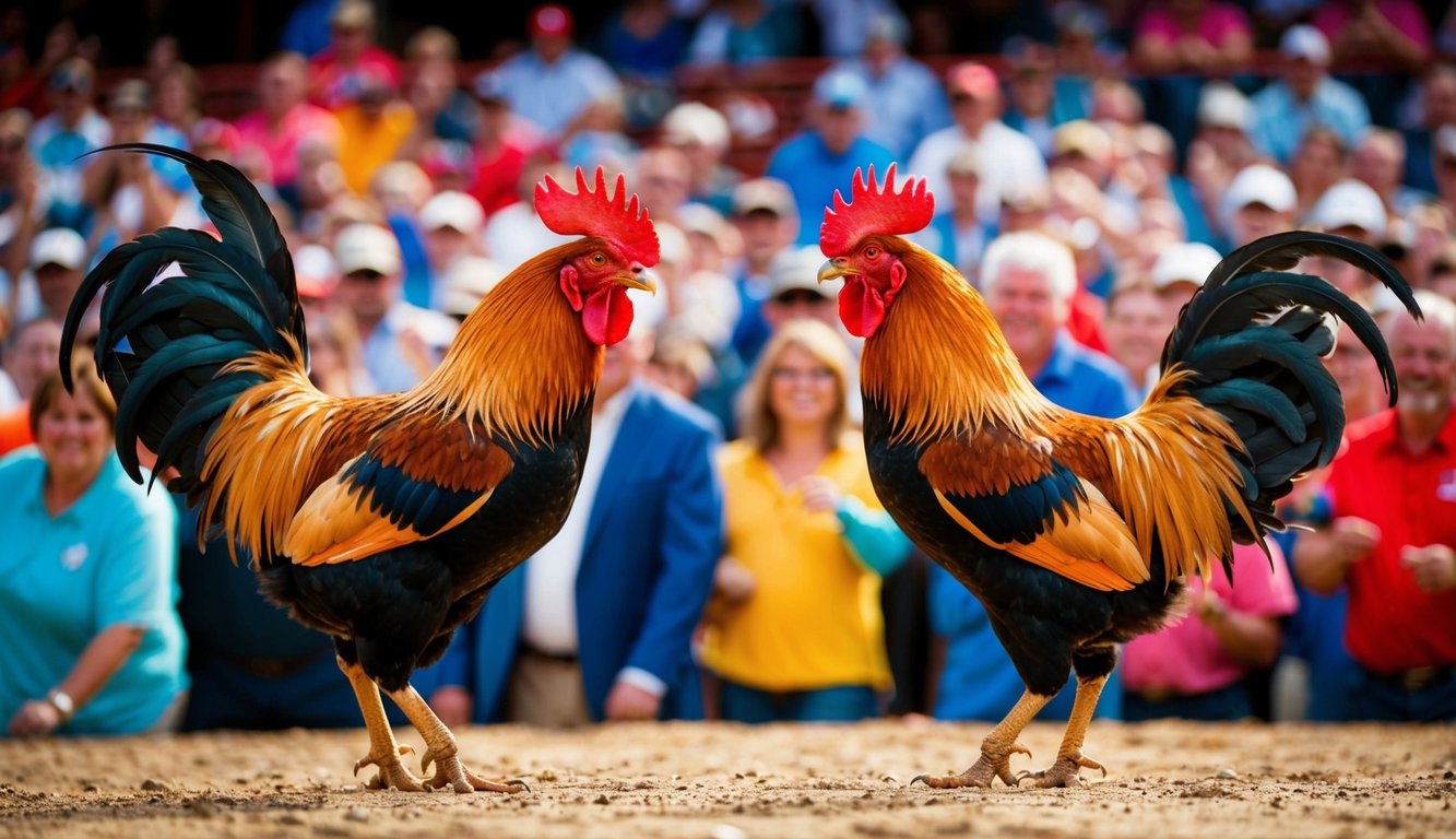 Dua ayam jantan saling berhadapan di arena luar ruangan yang ramai dan sibuk, dikelilingi oleh penonton yang antusias