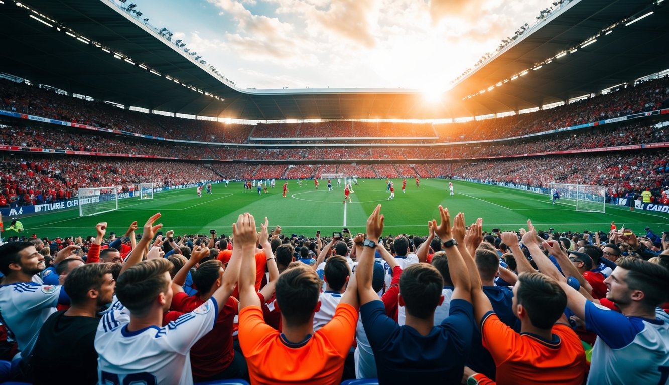 Sebuah stadion yang ramai dengan penggemar yang bersorak dan pemain di lapangan sepak bola