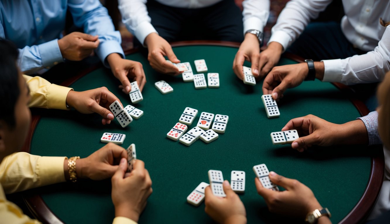 Sekelompok orang duduk di sekitar meja, masing-masing memegang satu set ubin mirip domino dan memasang taruhan sambil bermain ceme secara online.