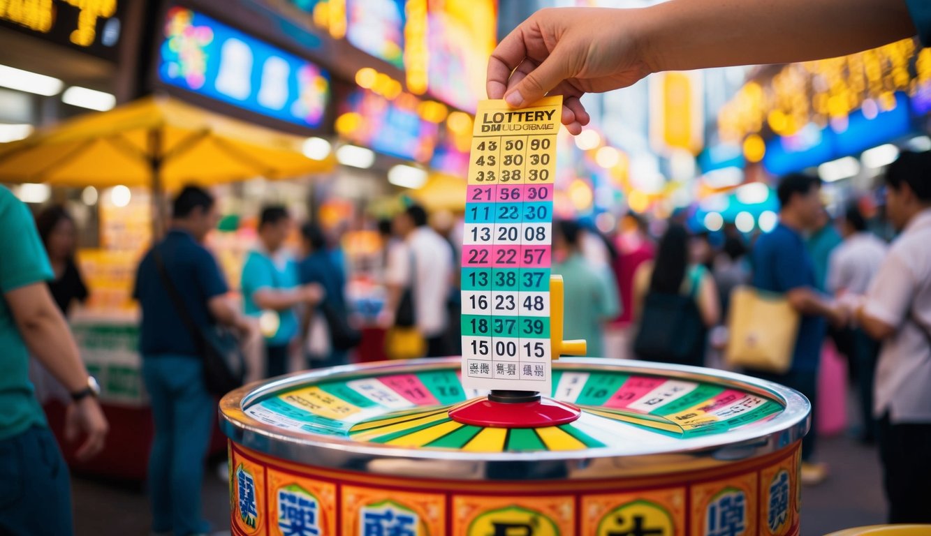 Sebuah tiket lotere yang berwarna-warni dan cerah diambil dari drum berputar di pasar jalanan Macau yang ramai