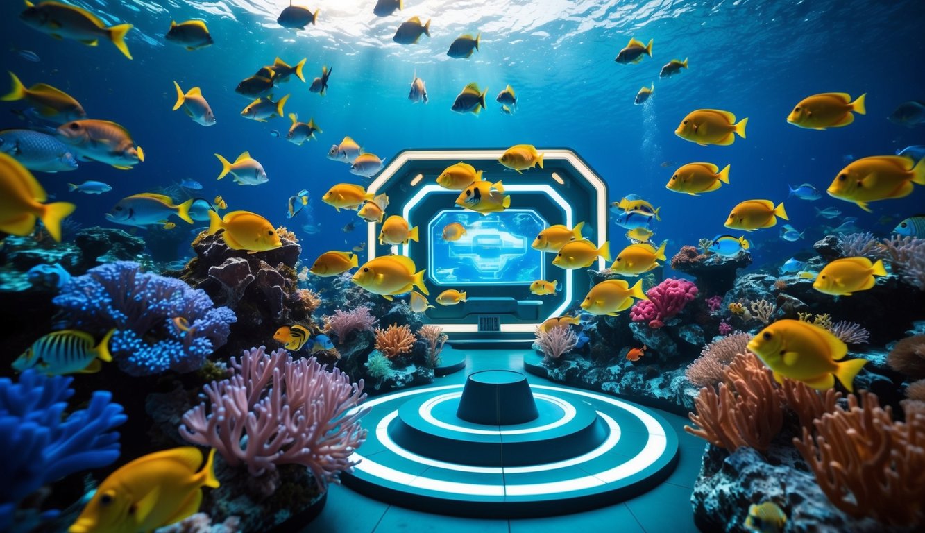 Sebuah dunia bawah laut yang ramai dengan ikan berwarna-warni dan terumbu karang, dikelilingi oleh permainan bergaya arcade futuristik yang bercahaya