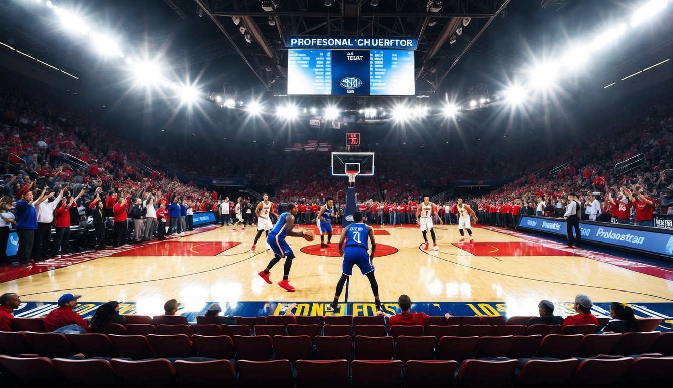 Sebuah lapangan basket dengan pemain yang sedang beraksi, dikelilingi oleh penggemar yang bersorak dan lampu stadion yang terang