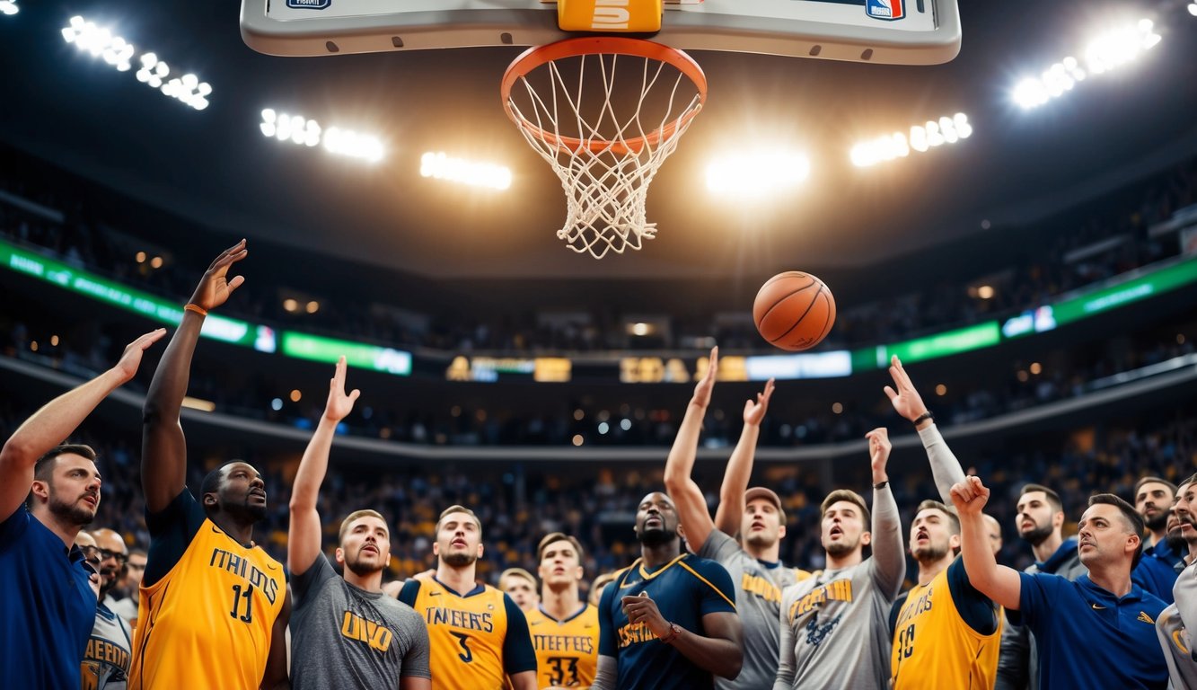 Sebuah bola basket melayang di udara menuju ring, dikelilingi oleh penggemar yang bersorak dan suasana yang tegang