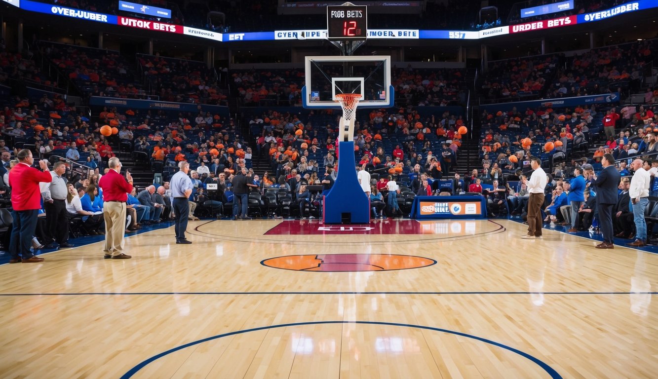 Sebuah lapangan basket dengan ring dan papan skor, dikelilingi oleh penonton yang memasang taruhan over-under