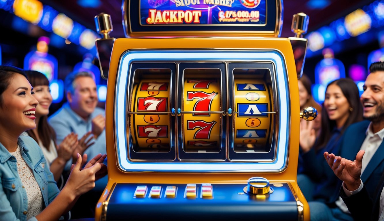 Sebuah mesin slot berwarna-warni dengan lampu berkedip dan gulungan berputar, dikelilingi oleh pemain yang bersemangat berharap mendapatkan jackpot yang mudah