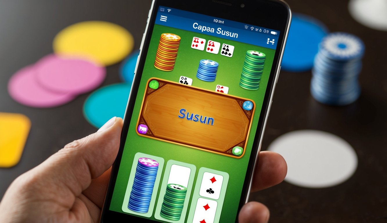 Sebuah smartphone yang menampilkan permainan Capsa Susun dengan tumpukan kartu berwarna-warni di layar