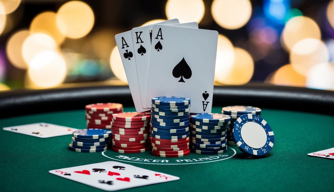 Sekelompok chip poker dan kartu permainan yang disusun di atas meja felt hijau, dengan tumpukan chip dan tombol dealer di tengah