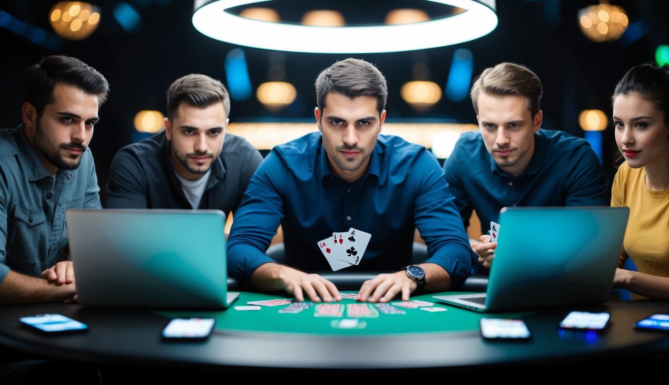 Sekelompok pemain poker di meja virtual, dikelilingi oleh laptop dan smartphone, dengan ekspresi intens saat mereka bermain online